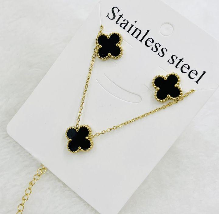 Stunning 3 Pcs Van Clef Black Stainless Steel Necklace Set