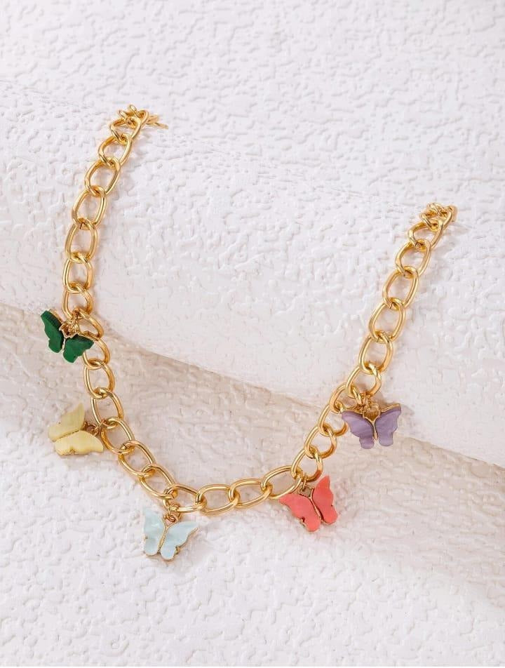 Butterfly Hanging Gold Plated Artificial Stones Necklace