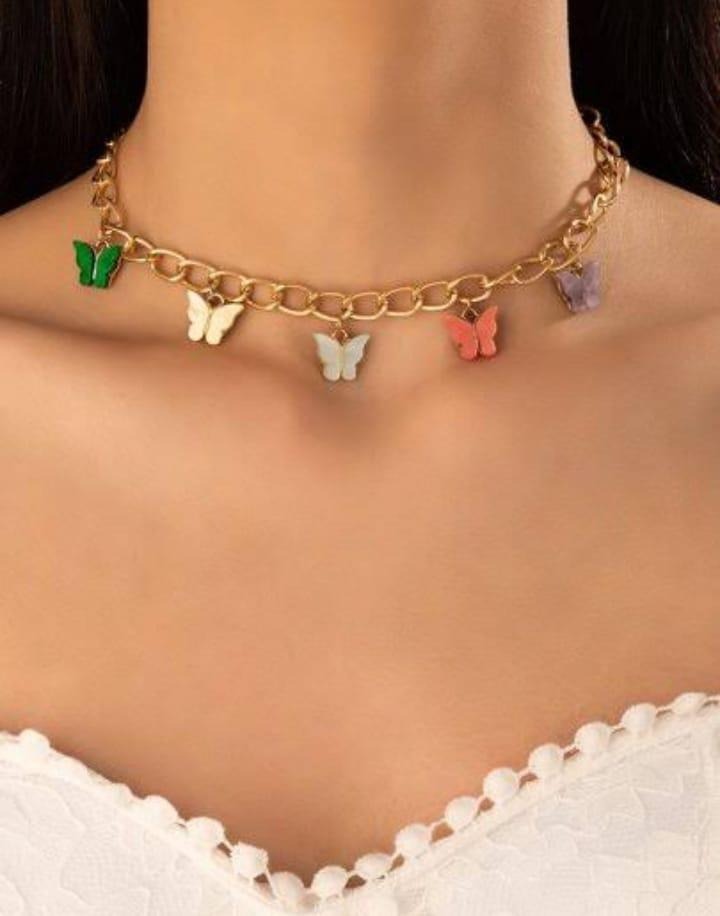 Butterfly Hanging Gold Plated Artificial Stones Necklace
