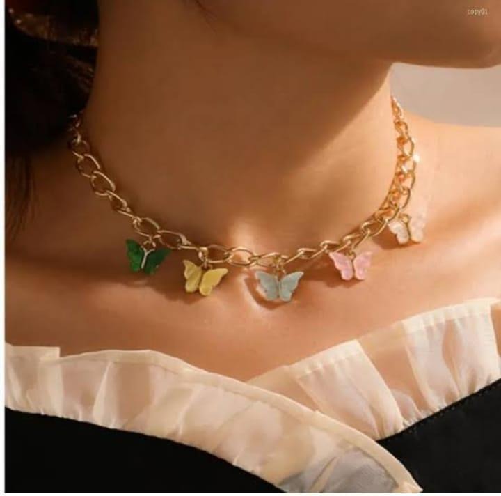 Butterfly Hanging Gold Plated Artificial Stones Necklace