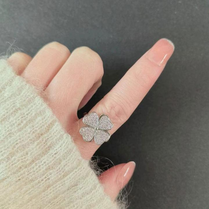 Clover Zircon Rotating Ring , Adjustable Spinner Ring For Women