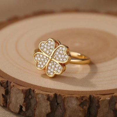 Clover Zircon Rotating Ring , Adjustable Spinner Ring For Women