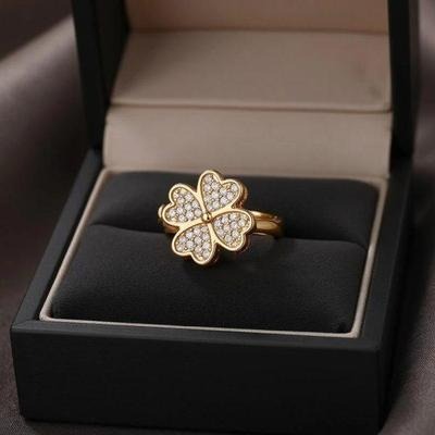 Clover Zircon Rotating Ring , Adjustable Spinner Ring For Women