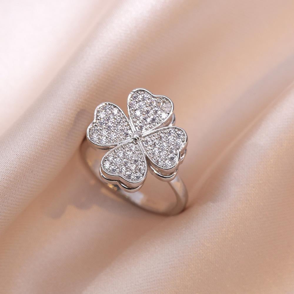 Clover Zircon Rotating Ring , Adjustable Spinner Ring For Women